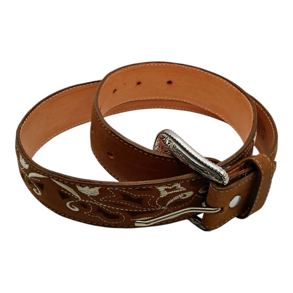 La Sierra Boots Belt Unisex Size 30 Leather Brown Floral Embroidered 30-35 Inch